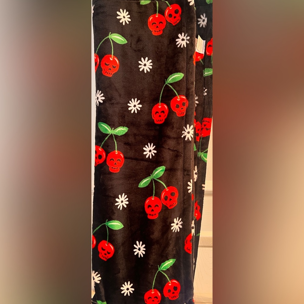Vibe Black Velvet Plush Throw with Red Skull and Cherry Design